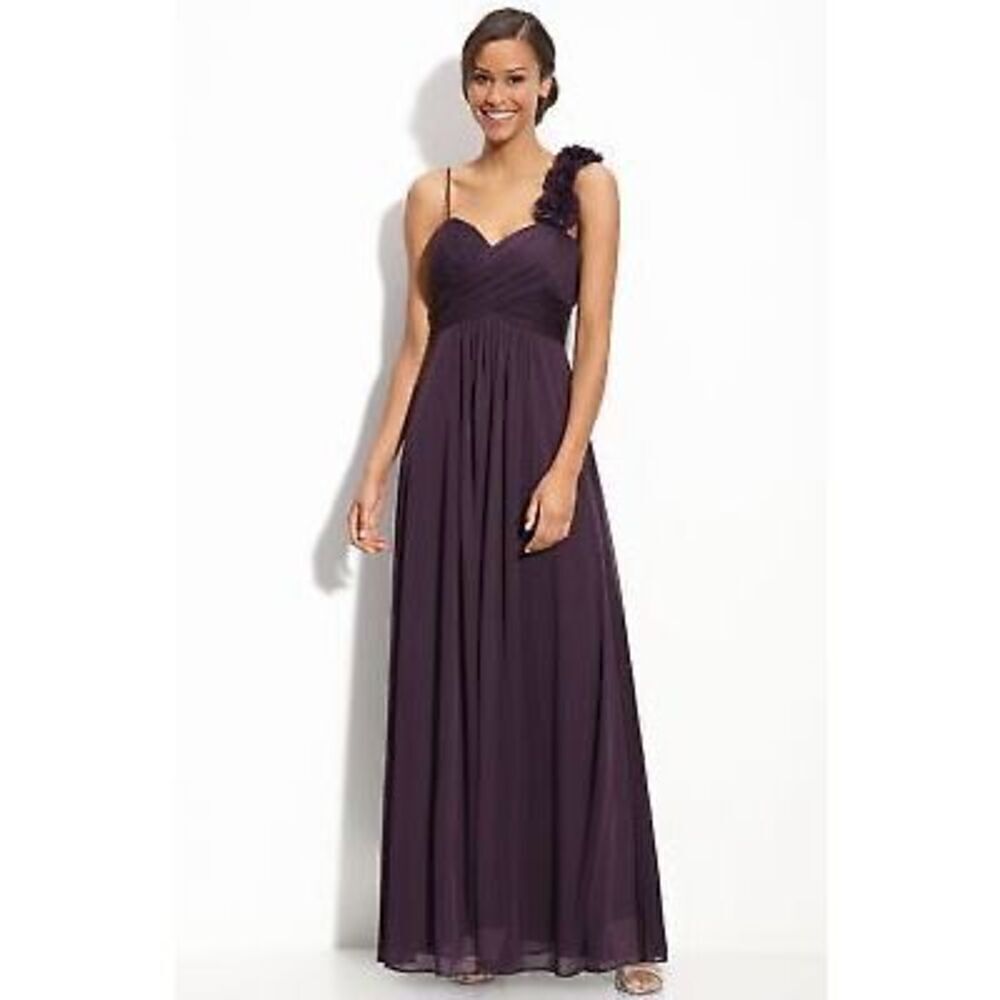 Cache Size 6 Flower Shoulder Long Formal Gown Dark Plum Purple Bridesmaid Gala